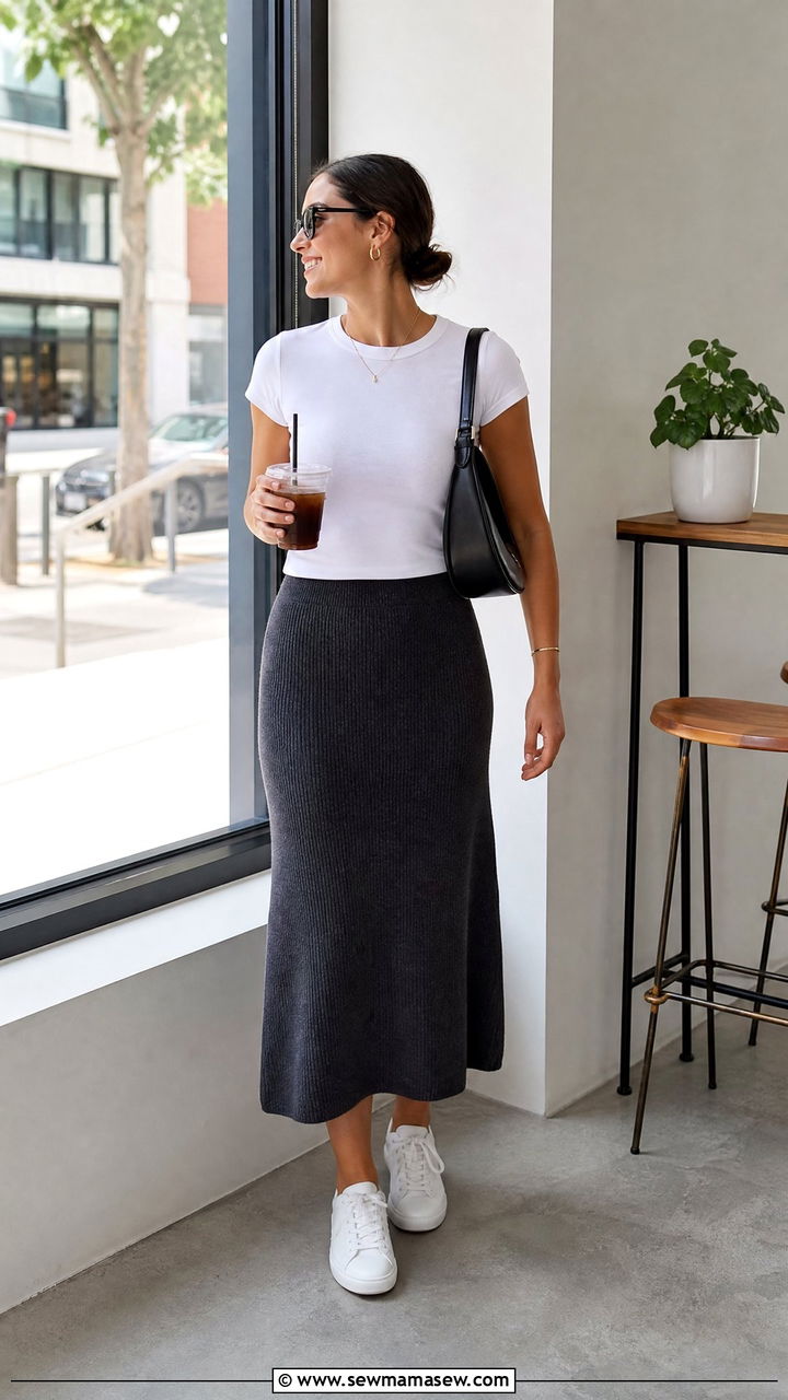 Knit Midi Skirt With T Shirt For Brunch - 25 Brunch outfit ideas with friends casual