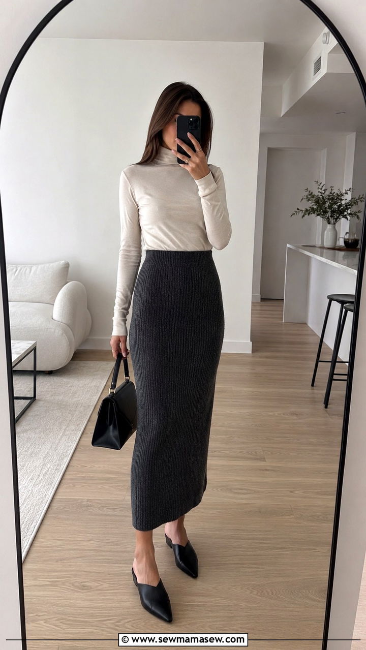 Knit Midi Skirt With Turtleneck And Mules - 30 Spring outfits with midi skirts