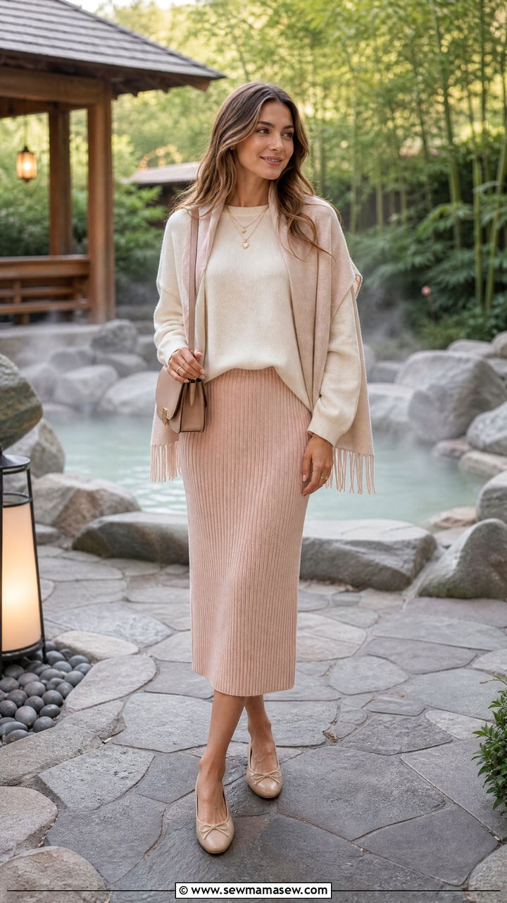 Knit Midi Skirt With a Cashmere Sweater and Ballet Flats - 30 Cozy spa day outfit ideas