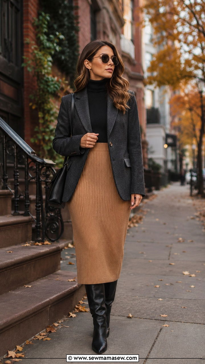 Knit Midi Skirt and Blazer Outfit - 30 Midi skirt outfit ideas with a blazer