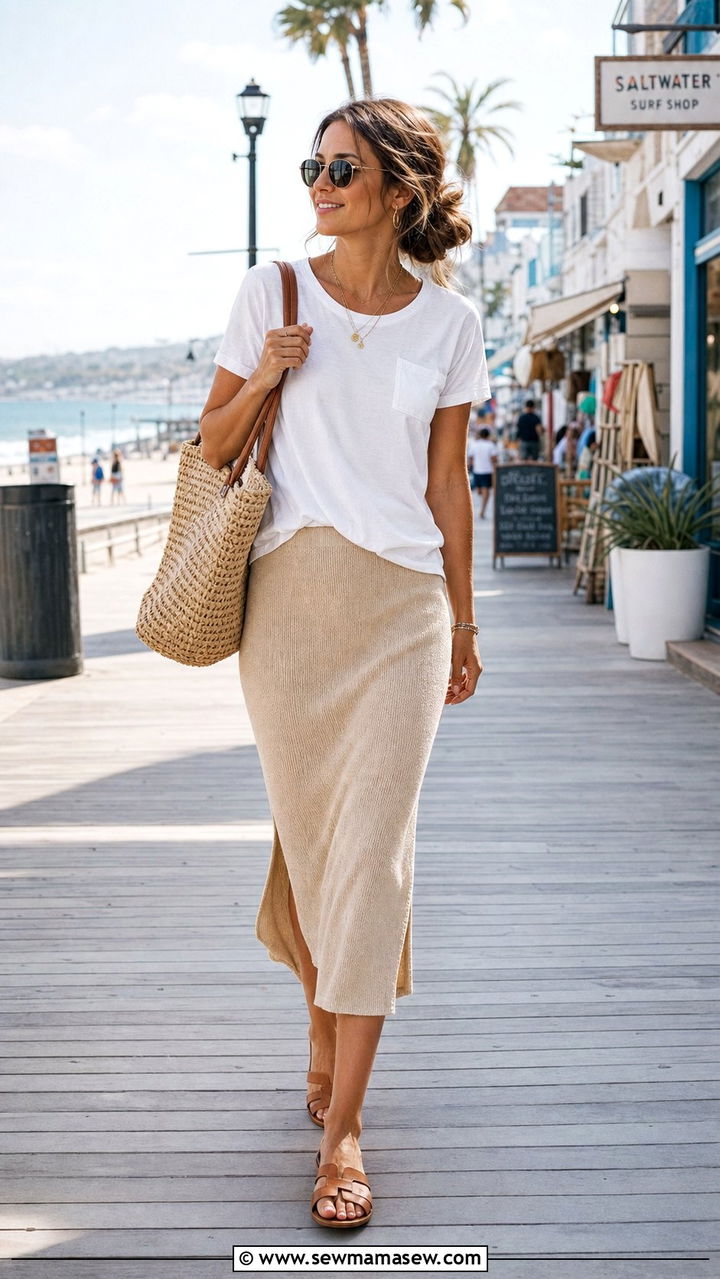 Knit Midi Skirt with Flat Sandals and Tee - 35 casual midi skirt outfits