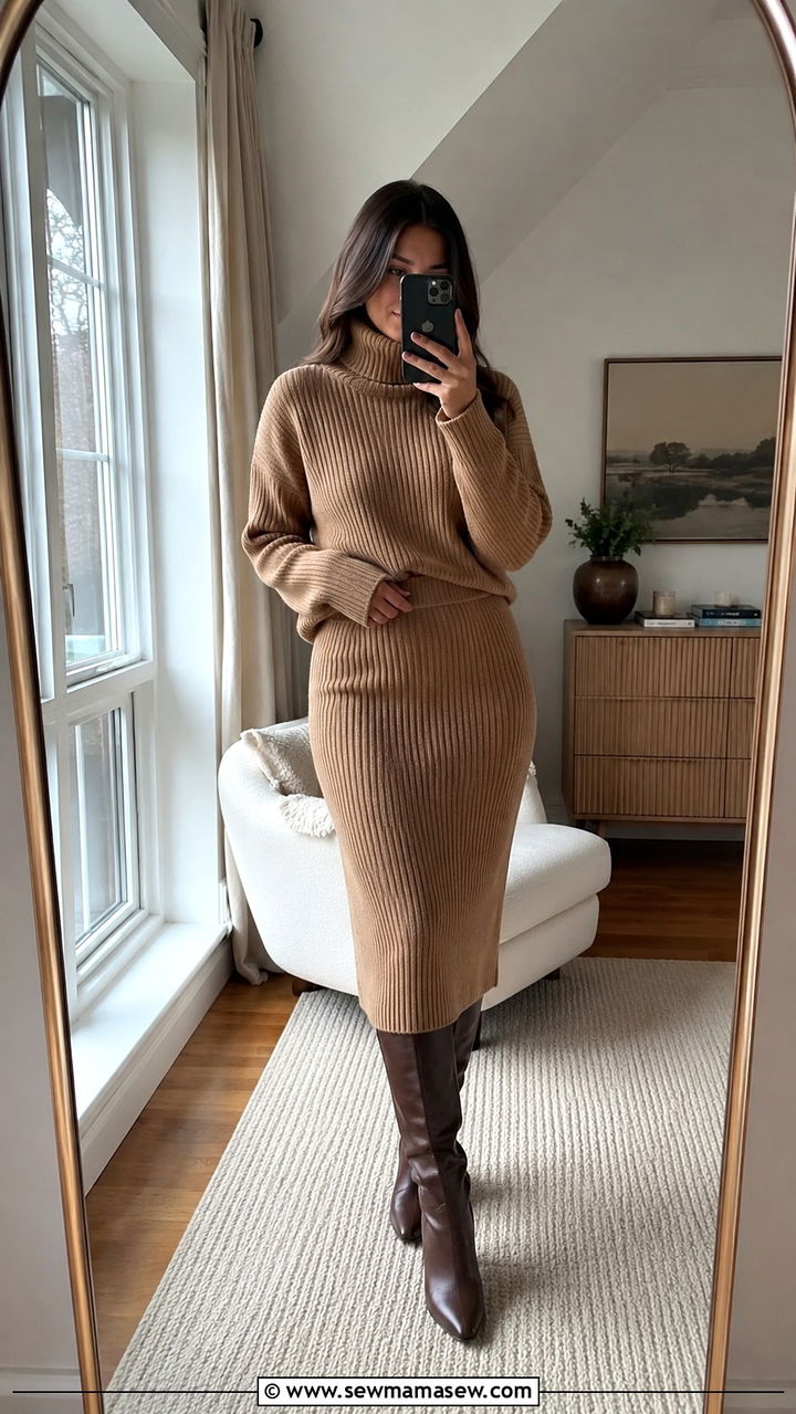 Knit Midi Skirt with Turtleneck and Knee High Boots - 30 How to style a midi skirt