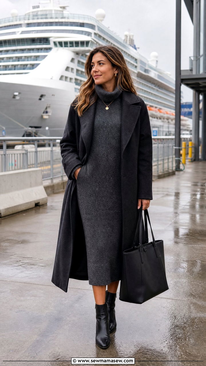 Knit Midi Sweater Dress With Ankle Boots - 30 Cruise embarkation outfit ideas