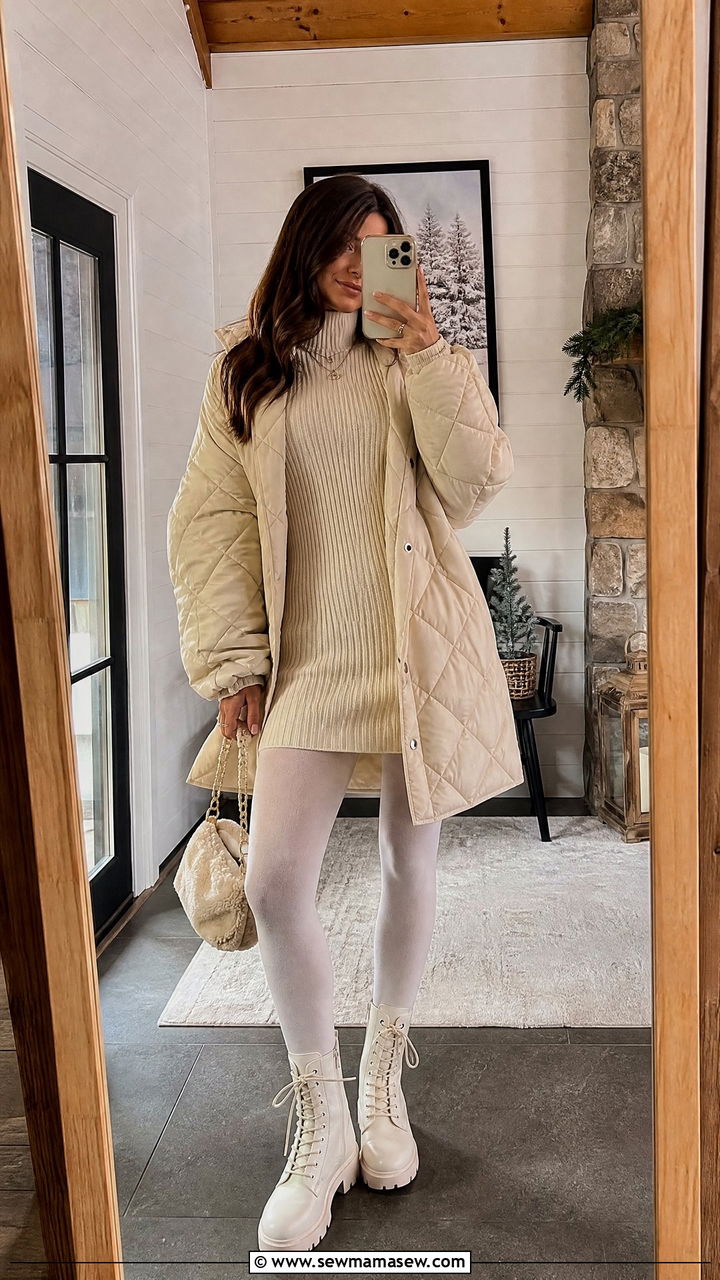 Knit Mini Dress With White Tights And Quilted Coat - 25 birthday outfits Pinterest