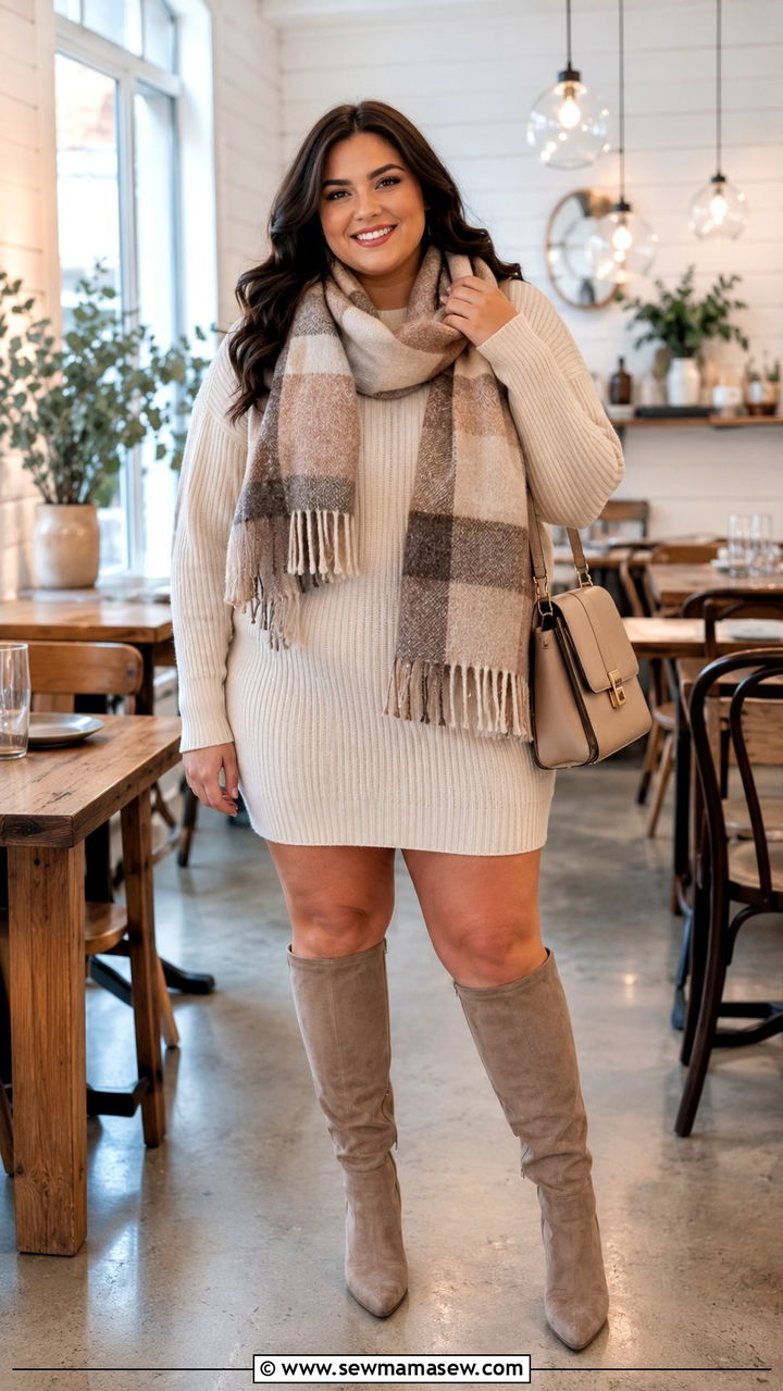 Knit Mini Dress with Tall Boots and Oversized Scarf - 30 plus size brunch outfit ideas