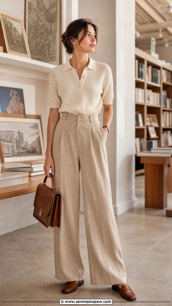 Knit Polo Shirt With High Waisted Trousers - 30 Jane Birkin outfit ideas