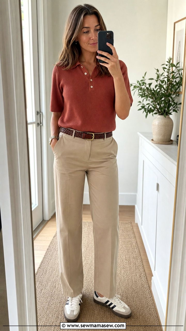 Knit Polo Shirt With Khaki Trousers and Retro Trainers - 25 Eclectic grandpa outfit ideas