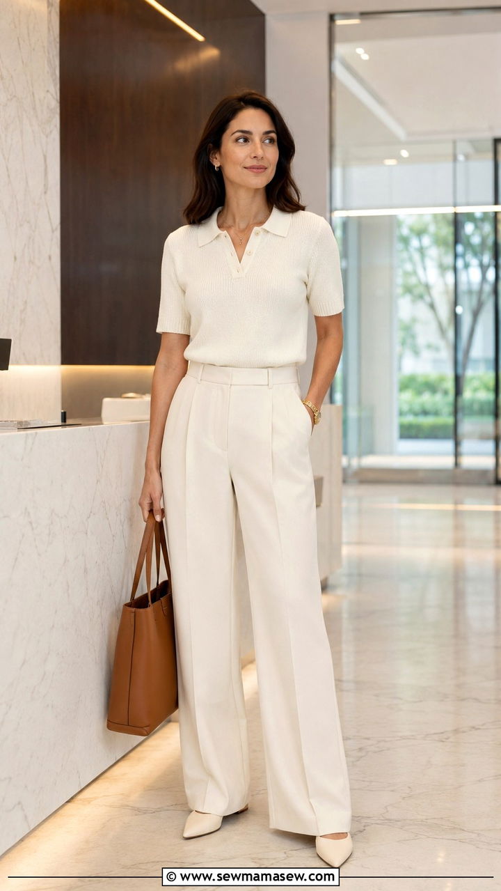 Knit Polo Top With Wide Leg Trousers Outfit - 30 Late August outfit ideas
