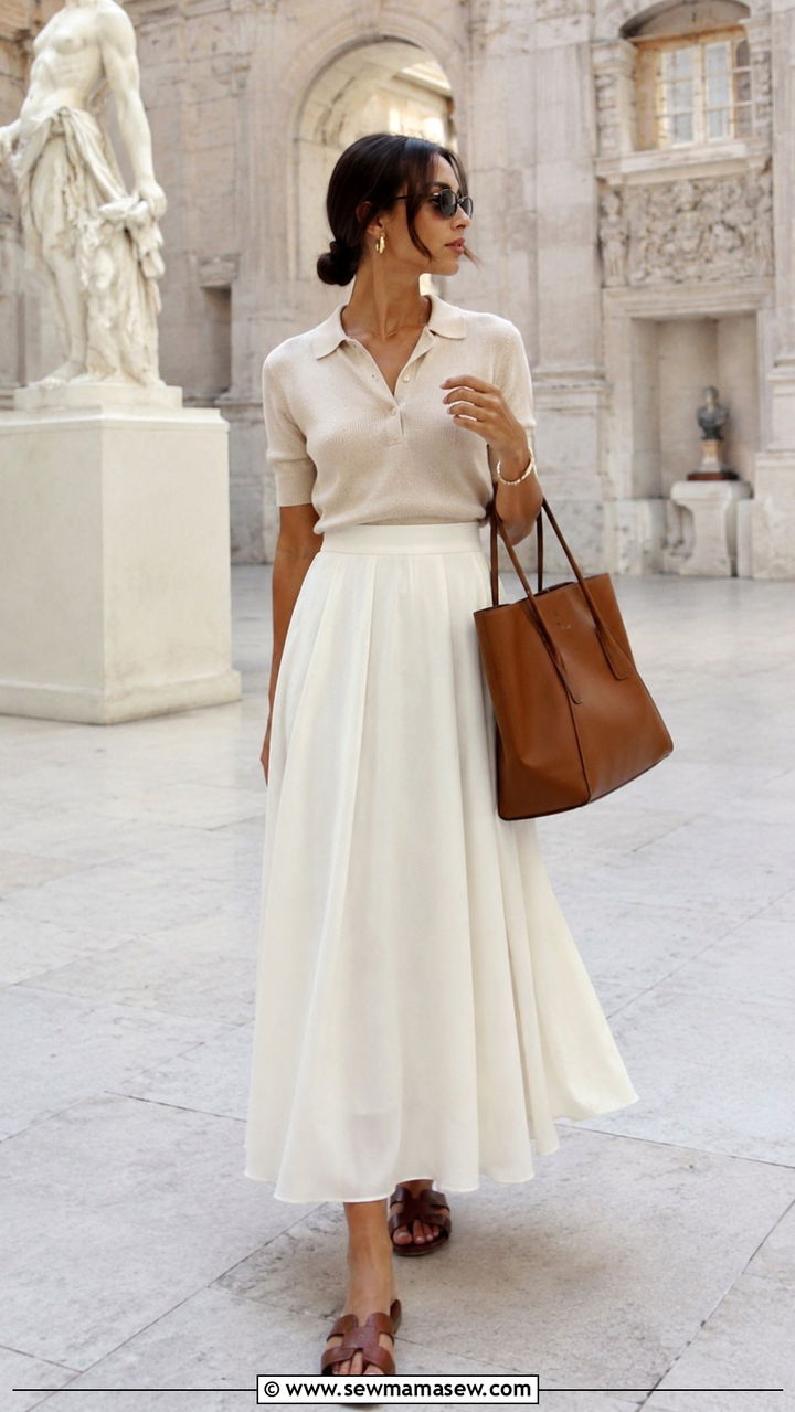 Knit Polo Top With a Long Flowing Skirt - 25 Modest outfit ideas for humid weather