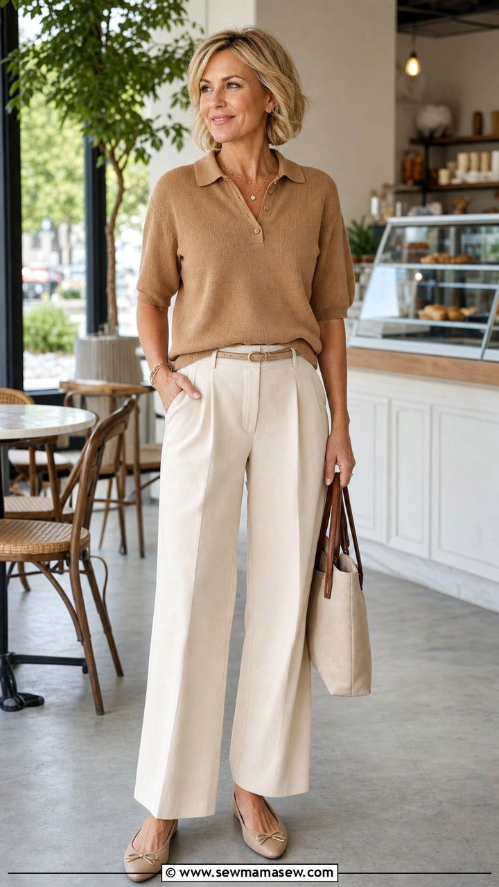 Knit Polo Top with Wide Leg Trousers and Ballet Flats - 25 comfortable outfit ideas for women over 40