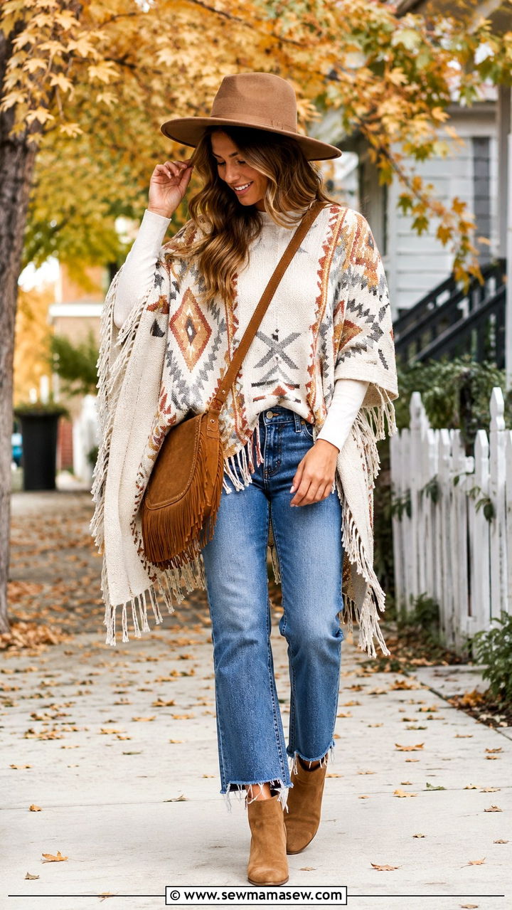 Knit Poncho And Straight Leg Jeans With Wide Brim Hat - 25 Boho outfit ideas with wide brim hat