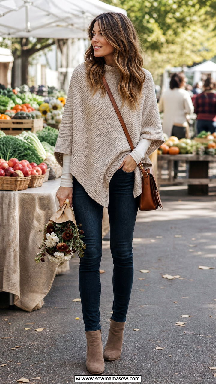 Knit Poncho Over a Long Sleeve Tee and Skinny Jeans - 30 Cool morning warm afternoon outfits