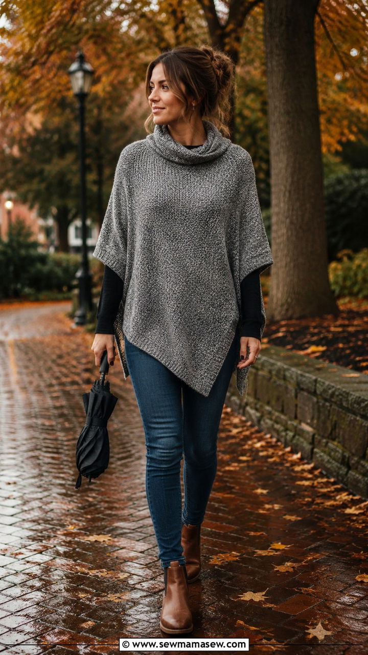 Knit Poncho With Jeans and Ankle Boots - 30 Rainy day school outfit ideas