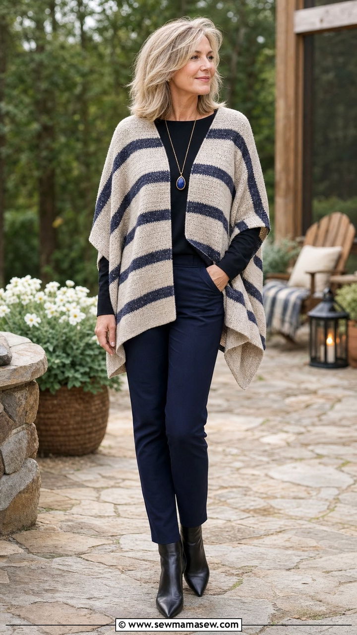 Knit Poncho With Slim Pants Boho Look - 35 boho chic outfits ideas