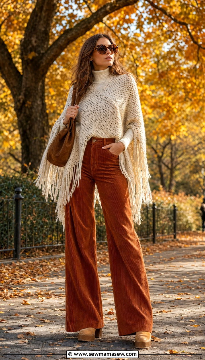 Knit Poncho With Wide Leg Pants - 35 70s outfit ideas