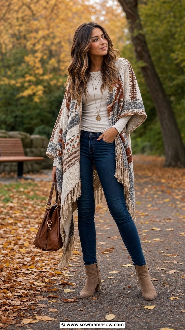 Knit Poncho with Skinny Jeans and Ankle Boots - 35 casual boho outfits