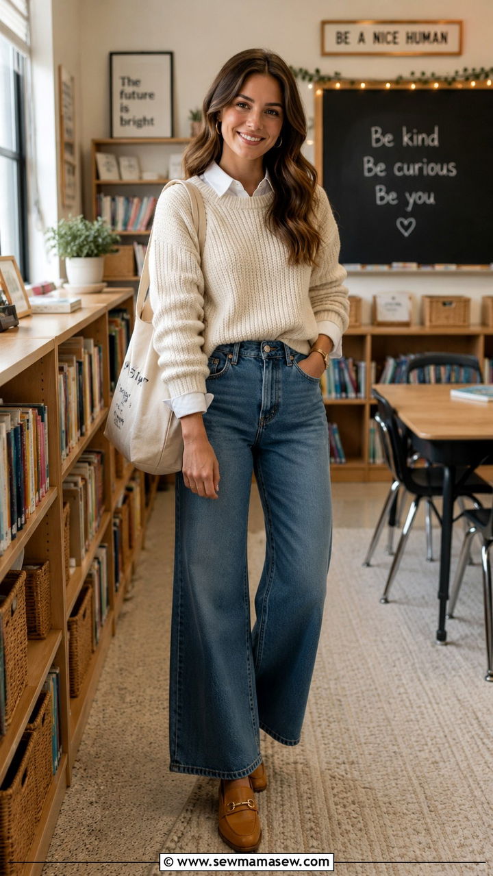 Knit Pullover With Wide Leg Jeans - 30 Kindergarten teacher outfit ideas