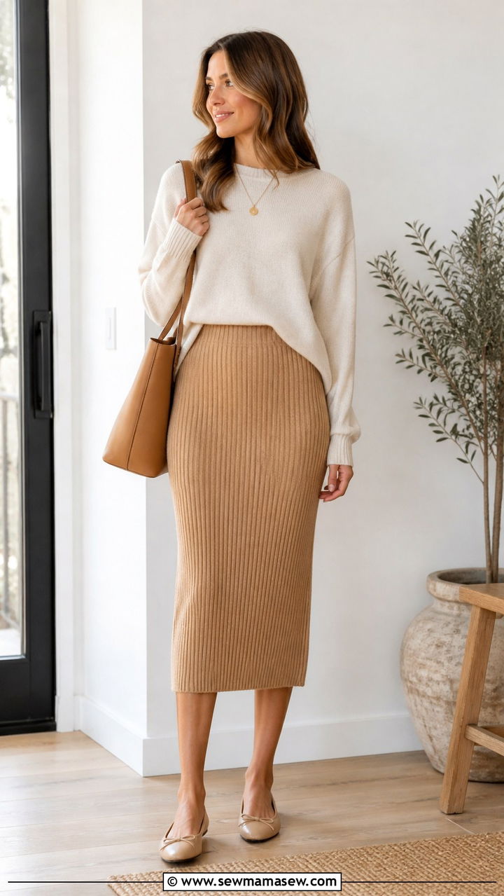 Knit Skirt and Lightweight Sweater with Ballet Flats Outfit - 40 running errands outfit ideas