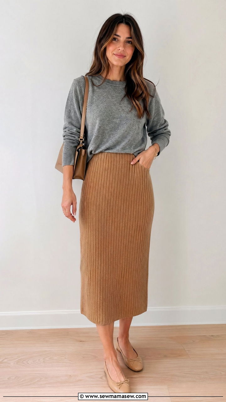 Knit Skirt and Lightweight Sweater with Ballet Flats - 35 errands outfits for women