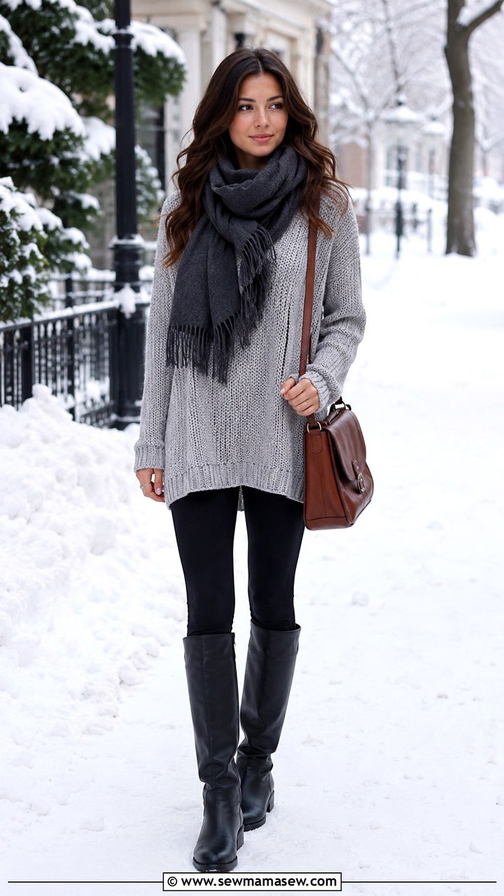 Knit Sweater And Leggings With Boots - 25 Mom uniform outfit ideas