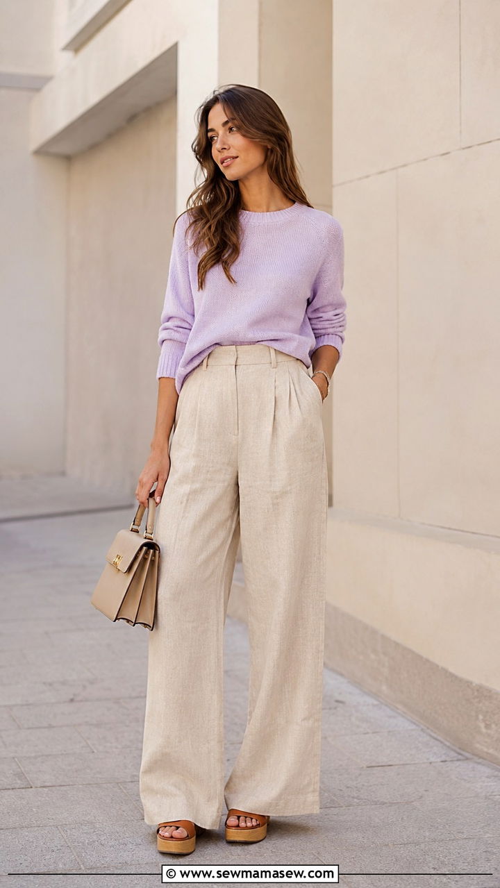 Knit Sweater And Linen Trousers Outfit 65 Degrees - 20 Summer outfits for 65 degree weather
