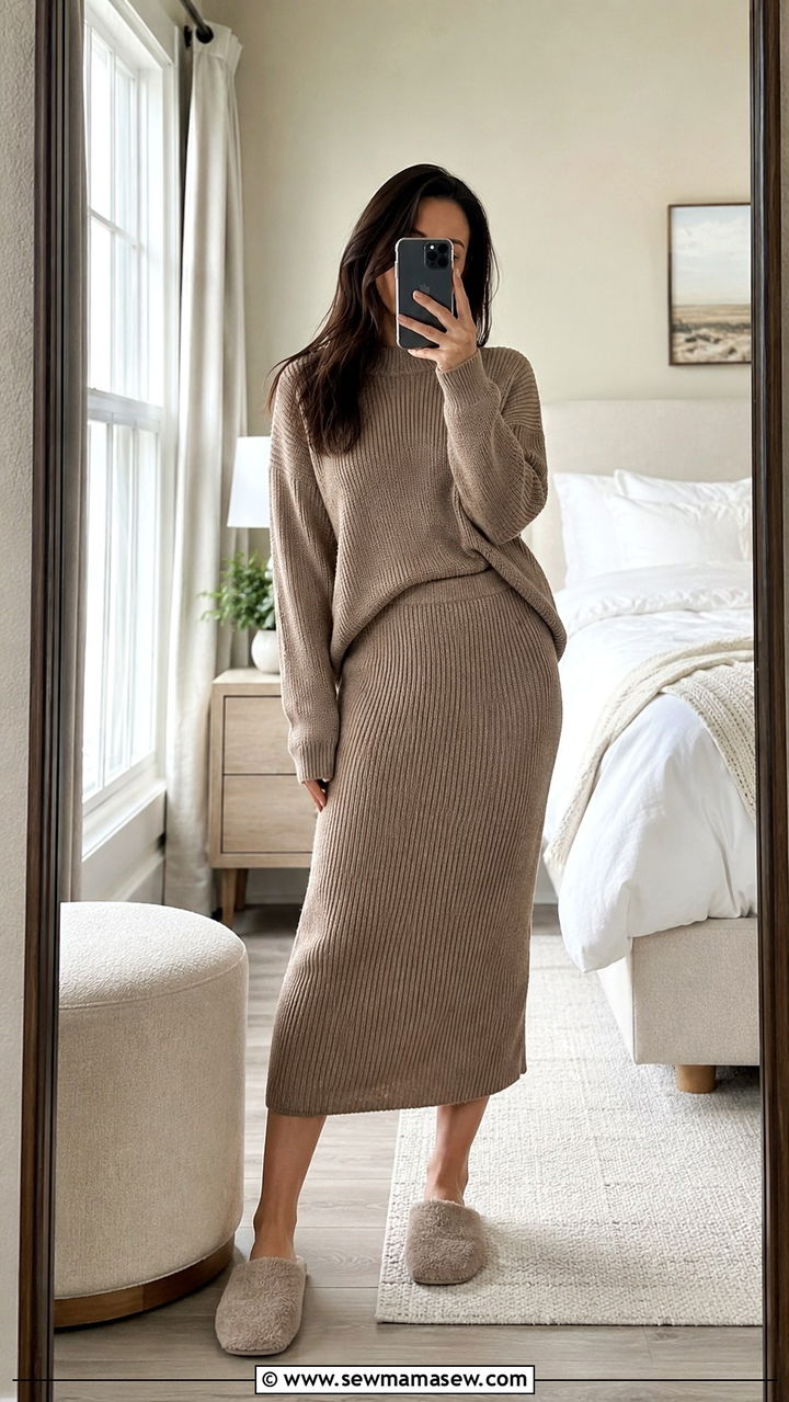 Knit Sweater And Midi Skirt Set - 25 Modest loungewear outfit ideas