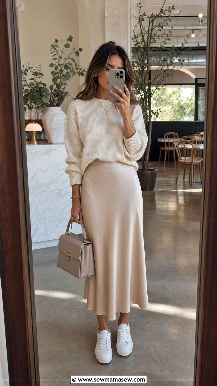Knit Sweater And Satin Midi Skirt - 35 Casual brunch outfits