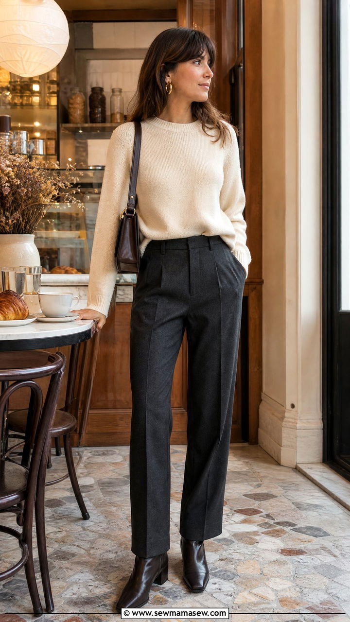 Knit Sweater And Straight Trousers With Gold Hoops - 25 French girl outfit ideas with gold hoops