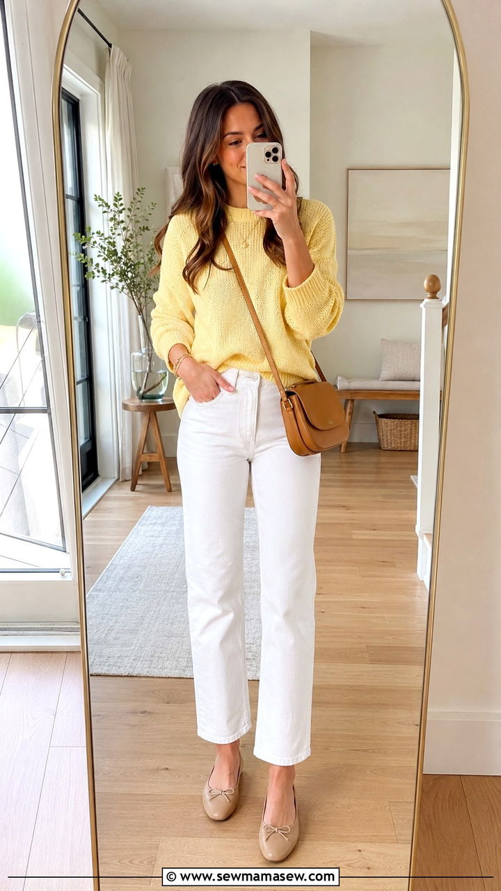 Knit Sweater And White Jeans With Crossbody Bag - 20 spring outfits with crossbody bag