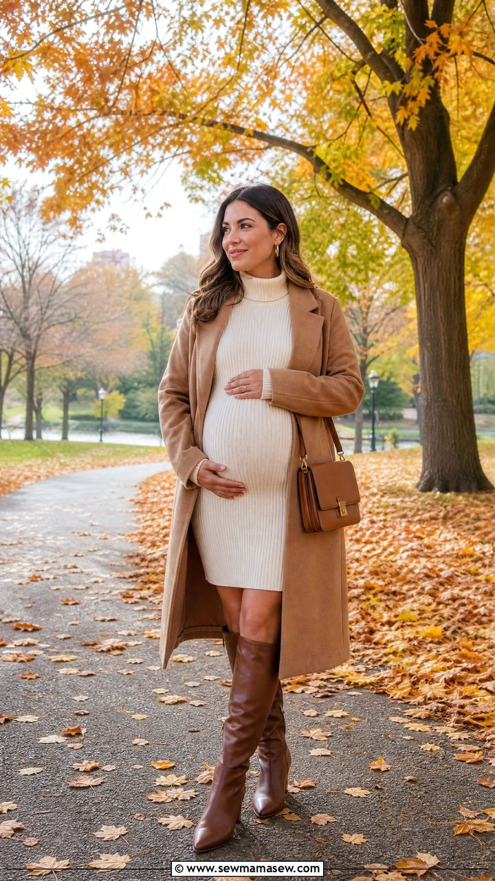 Knit Sweater Dress With Knee High Boots - 25 Maternity announcement outfit ideas