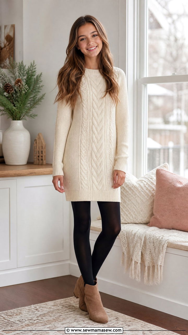 Knit Sweater Dress With Tights And Ankle Boots - 30 Cute outfits for 13 year olds