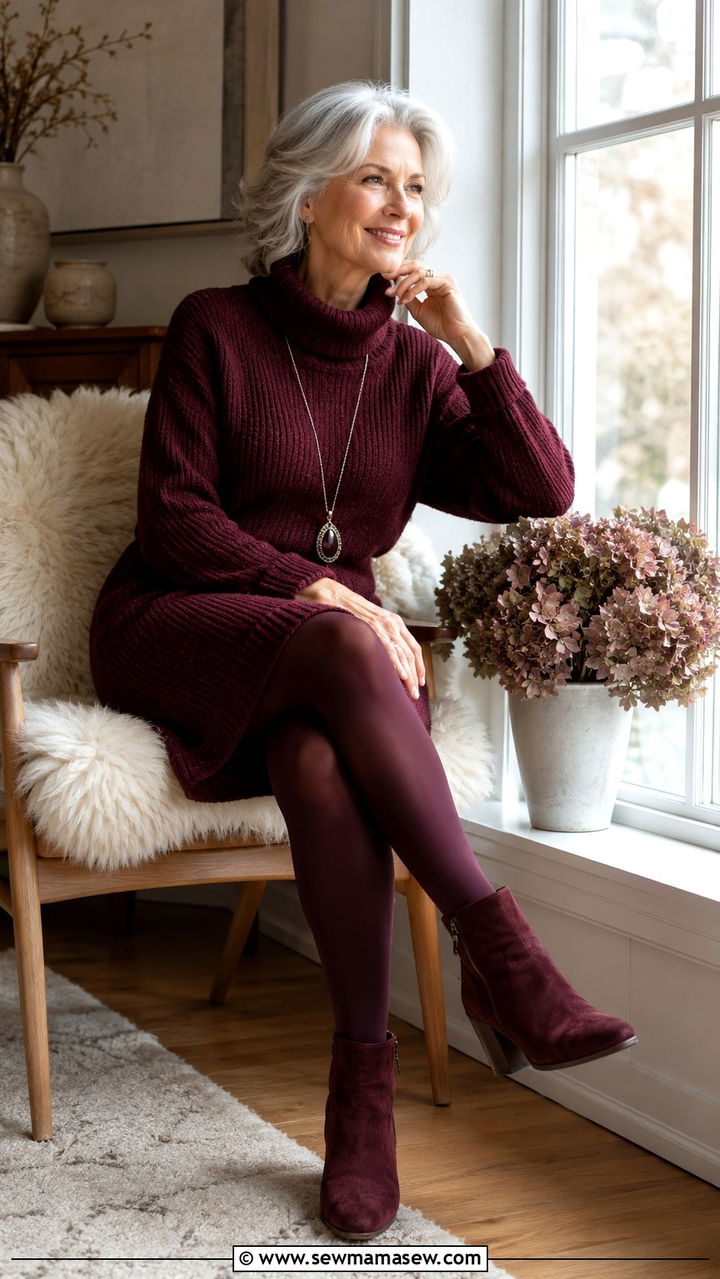 Knit Sweater Dress With Tights and Ankle Boots Outfit - 25 Outfit ideas for women over 60 casual 2026