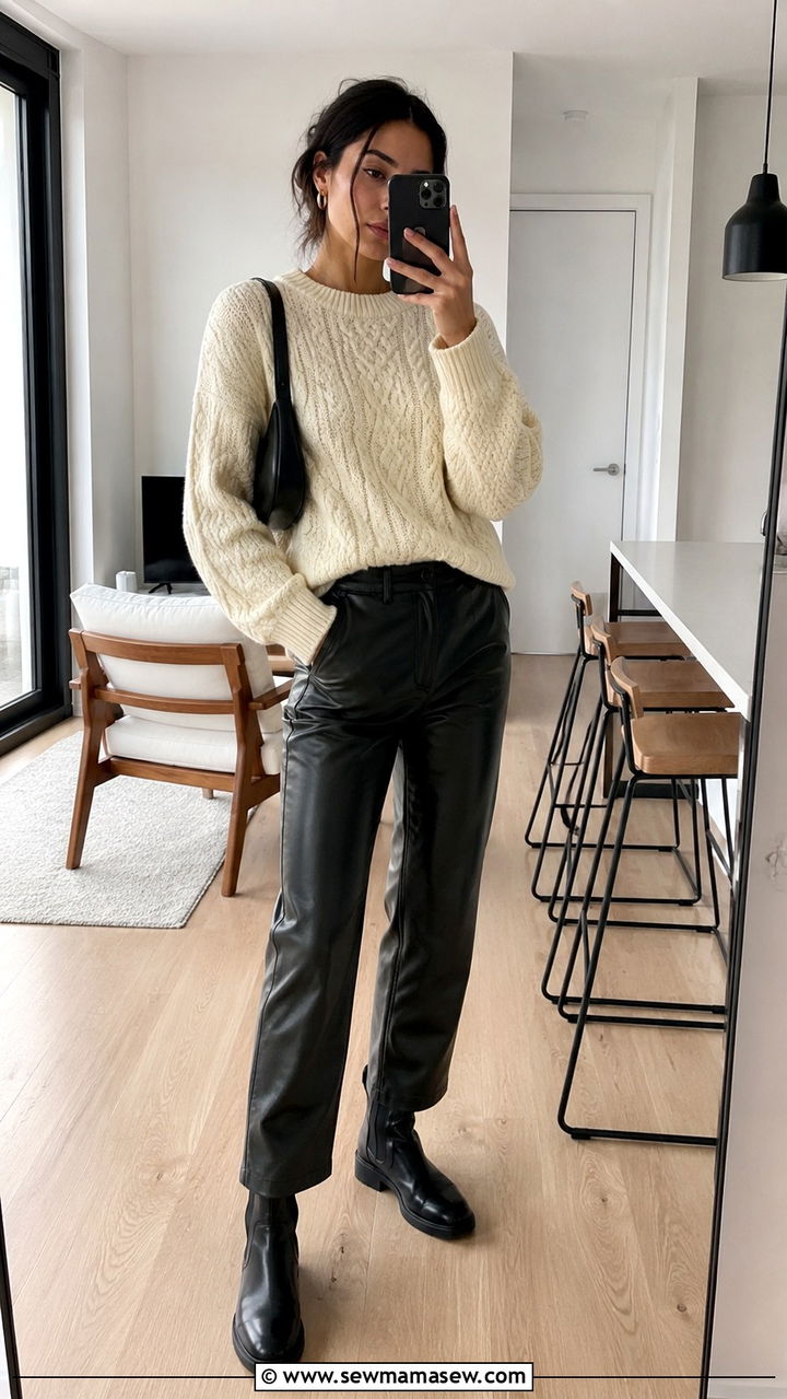 Knit Sweater Leather Pants Ankle Boots - 30 model off duty capsule wardrobe outfits
