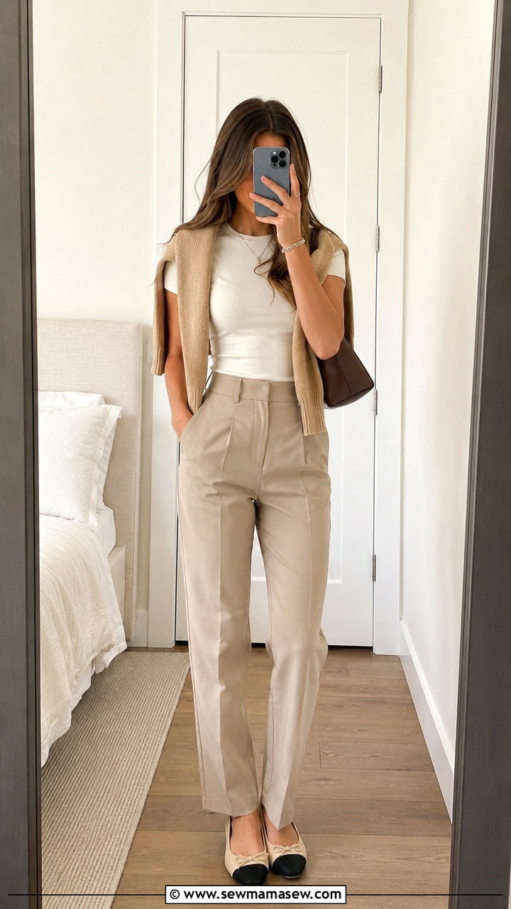 Knit Sweater Over Shoulders With Trousers And Ballet Flats - 25 Preppy outfit ideas for teens