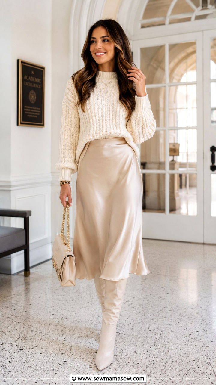 Knit Sweater Satin Midi Skirt Knee High Boots - 30 School counselor outfit ideas