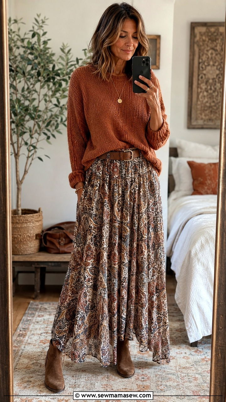 Knit Sweater Tucked into a Flowing Maxi Skirt - 30 boho chic outfit ideas for women over 40