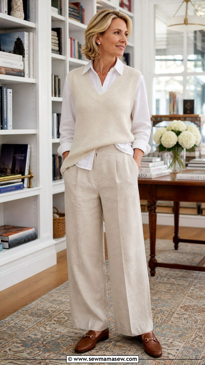 Knit Sweater Vest Over Button Down Shirt with Linen Trousers Outfit - 40 coastal grandmother outfits