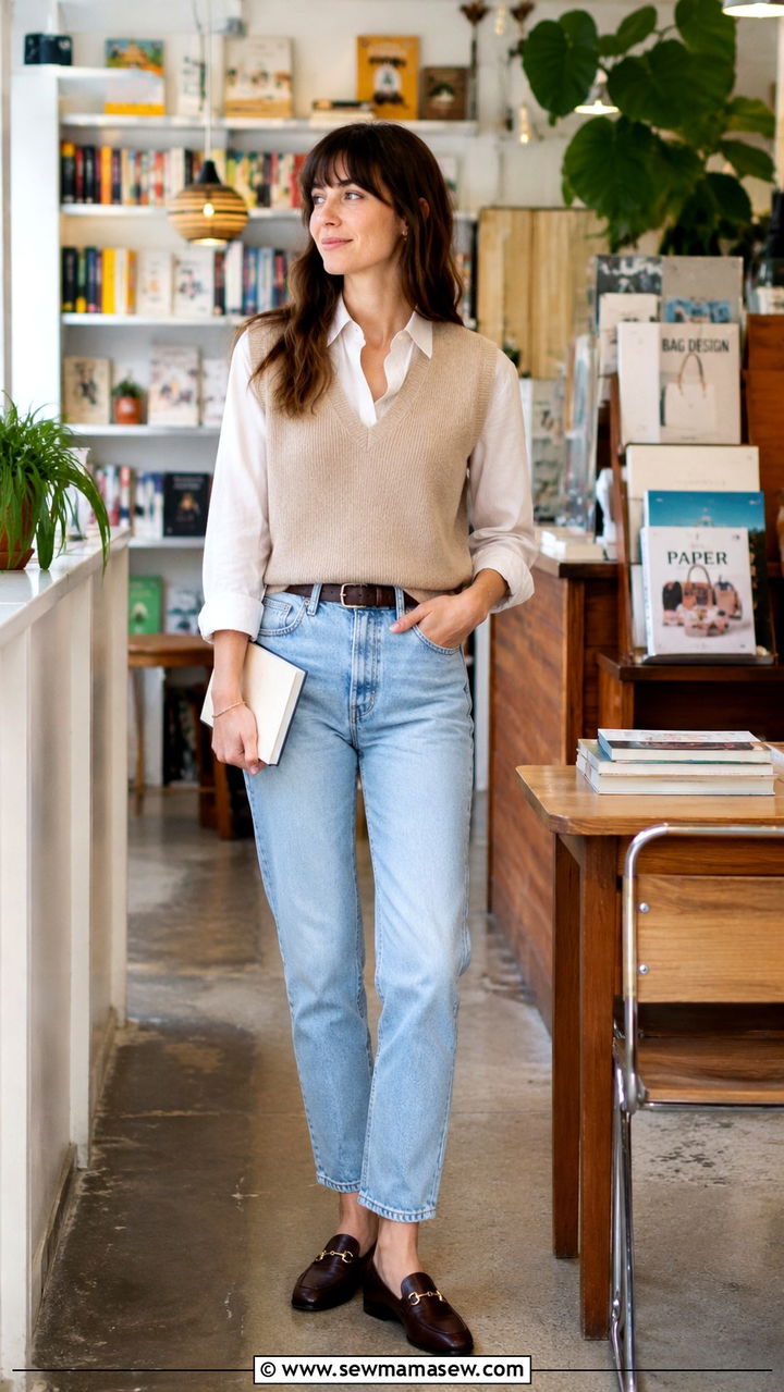 Knit Sweater Vest Over Collared Shirt With Mom Jeans Outfit - 30 Indie outfit ideas