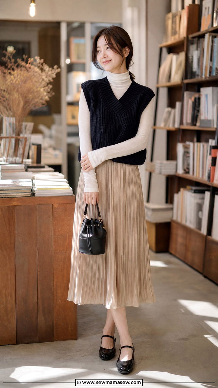 Knit Sweater Vest Over a Thin Turtleneck and Pleated Midi Skirt - 30 Cool morning warm afternoon outfits