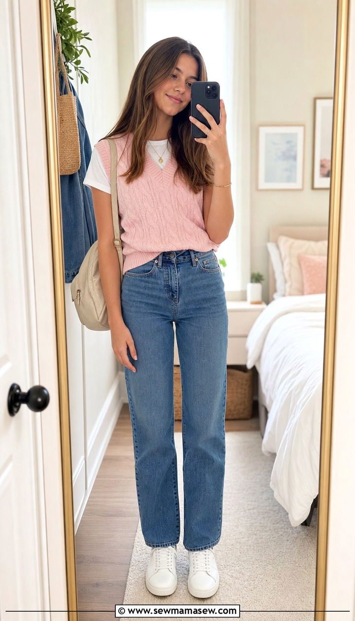 Knit Sweater Vest Over a White Tee with Straight Leg Jeans - 35 Back to school outfit ideas for teens 2026