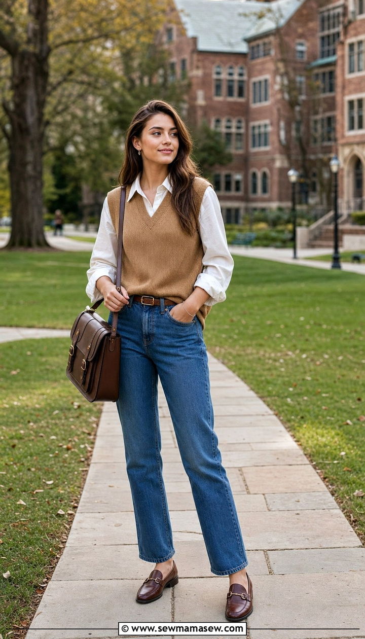 Knit Sweater Vest and ButtonDown Shirt Outfit - 35 Back to school outfit ideas college freshman