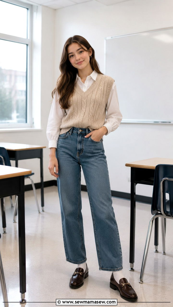 Knit Sweater Vest with White Button Down and Straight Leg Jeans - 30 Trendy outfits for 16 year olds