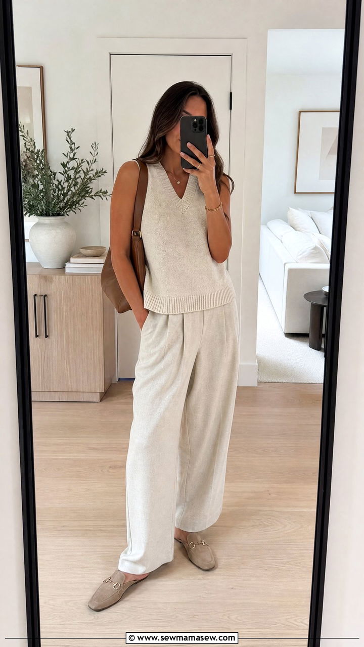 Knit Sweater Vest with Wide Leg Pants - 30 Summer knit outfits