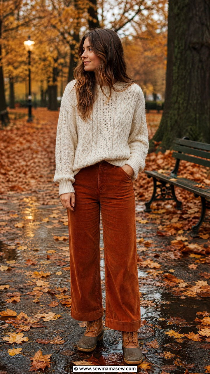 Knit Sweater With Corduroy Pants and Duck Boots - 30 rainy day outfits casual