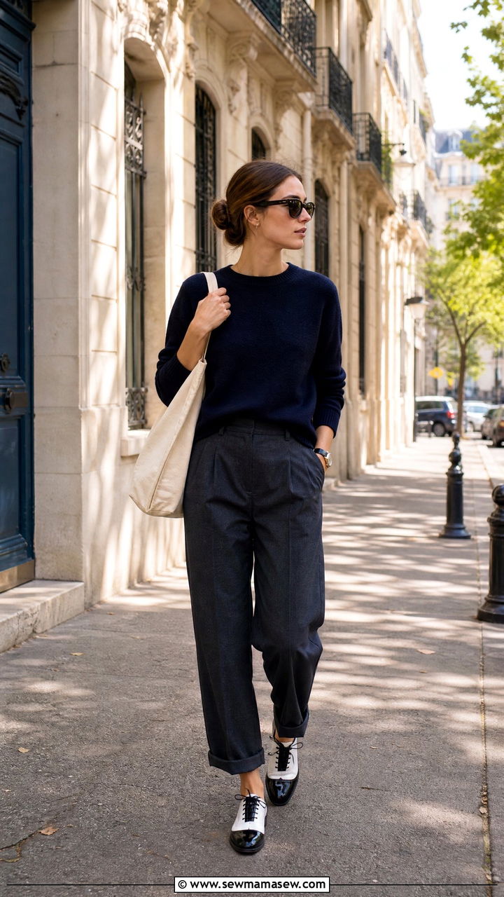 Knit Sweater With Cuffed Masculine Trousers and Derby Shoes - 25 Caroline de Maigret outfit ideas