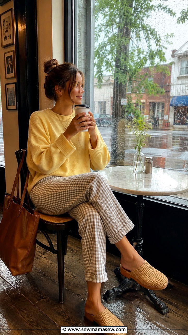 Knit Sweater With Gingham Pants And Clogs - 30 Rainy day casual outfit ideas