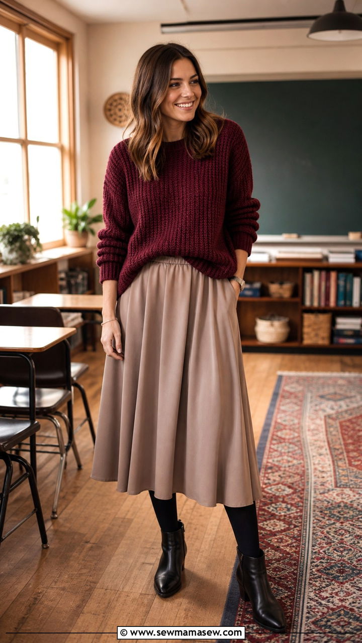 Knit Sweater With Midi Skirt And Ankle Boots - 40 teacher outfits ideas