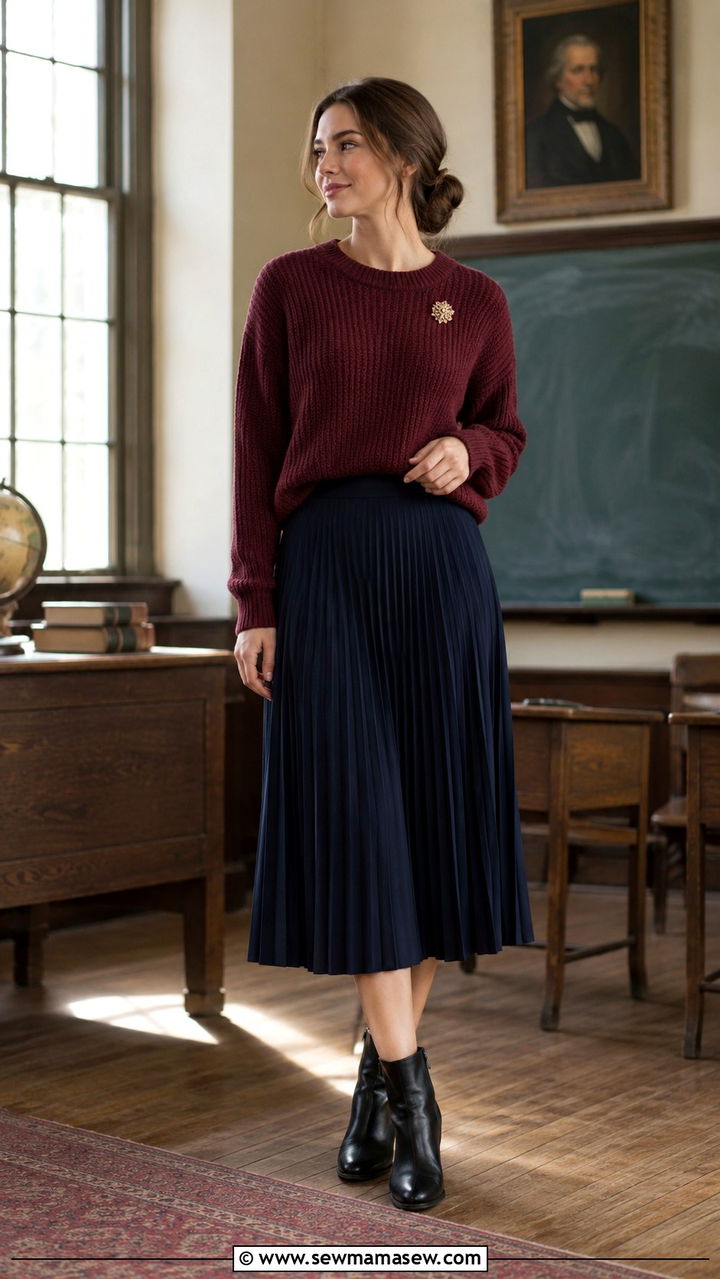 Knit Sweater With Pleated Skirt - 20 Modest outfit ideas for teacher