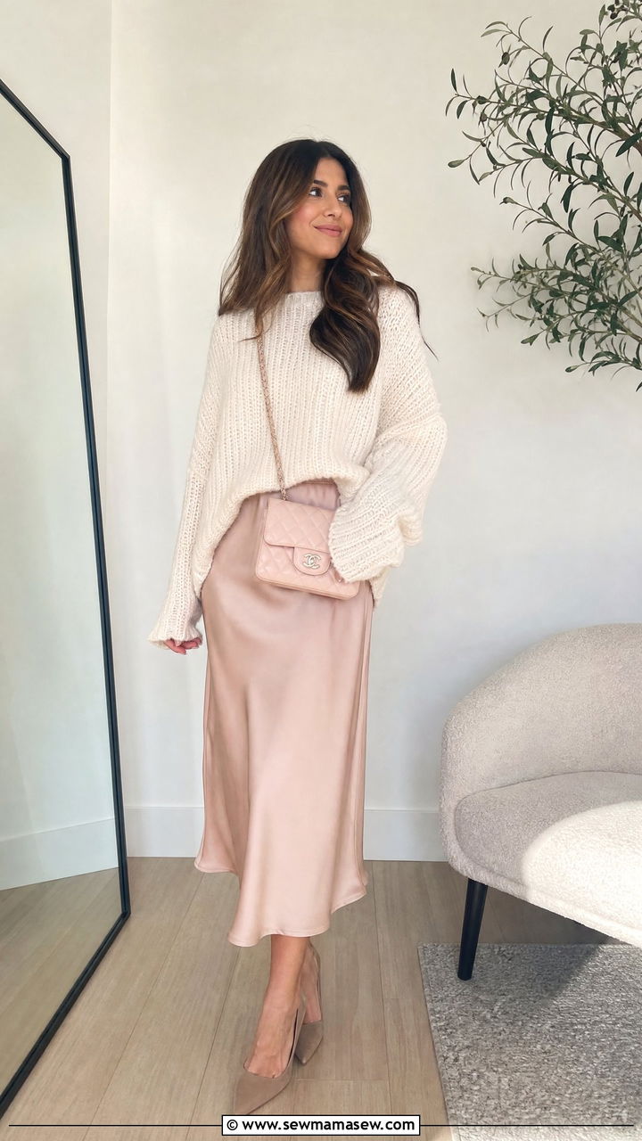 Knit Sweater With Satin Midi Skirt And Chanel Bag - 30 French girl outfit ideas with Chanel bag