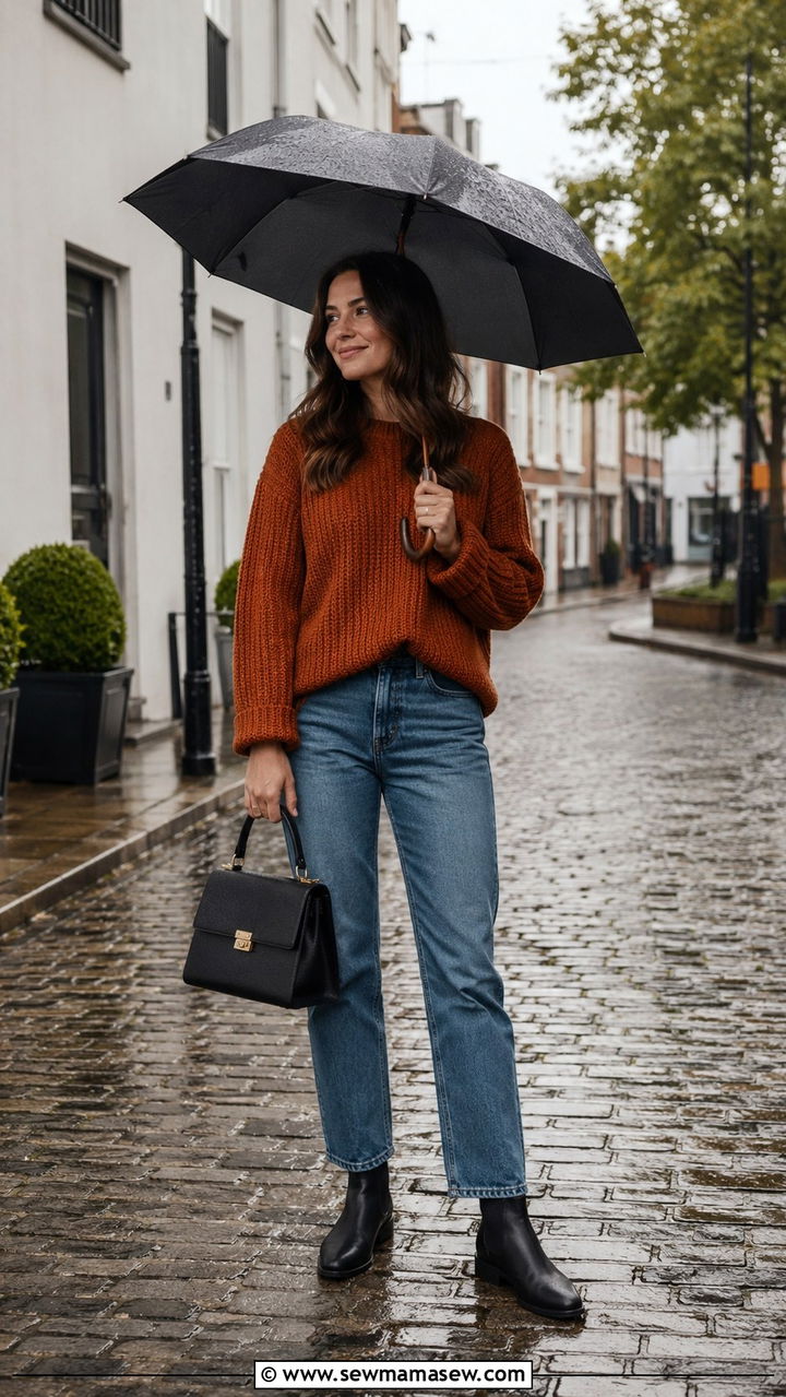 Knit Sweater With Straight Leg Jeans And Chelsea Boots - 30 Rainy day casual outfit ideas